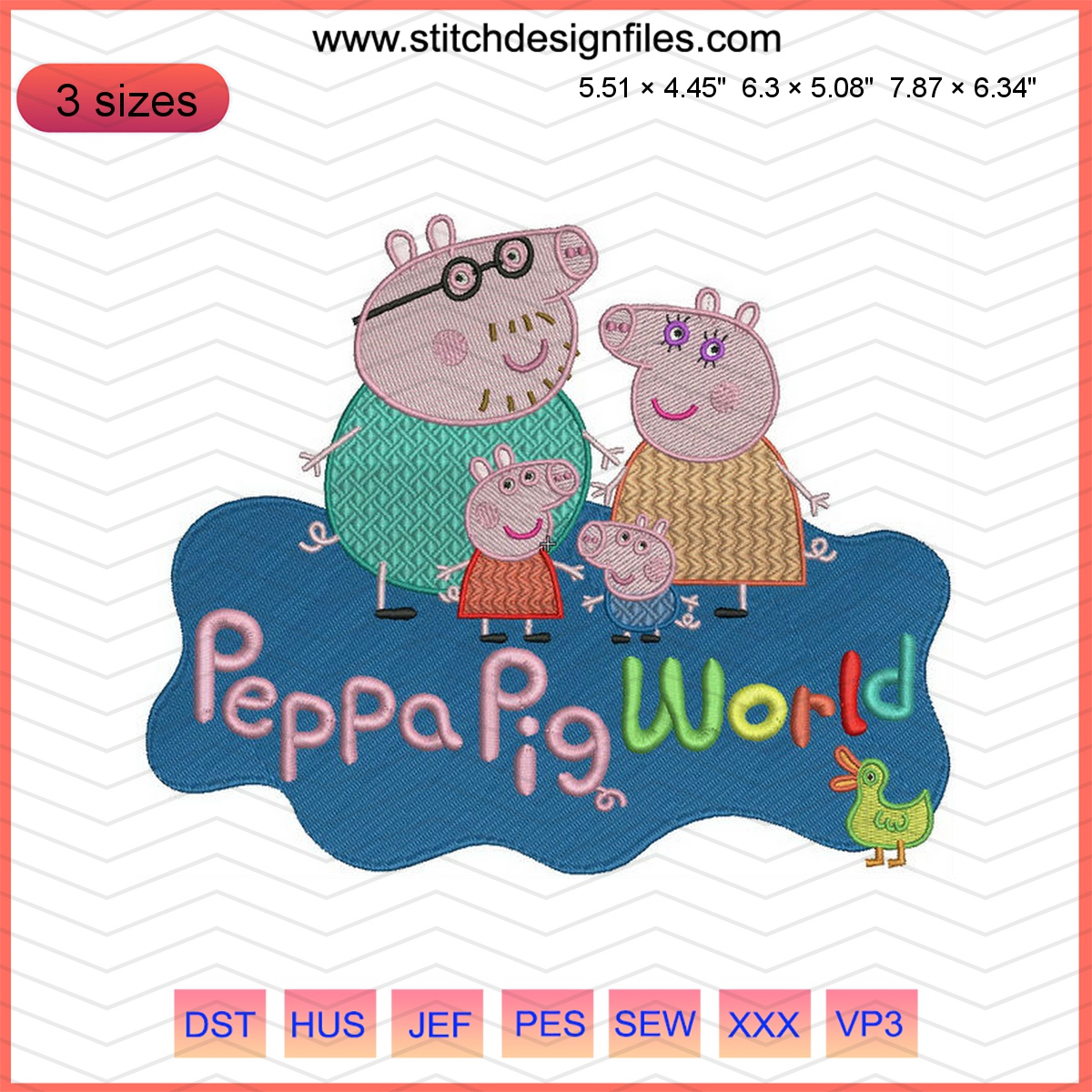 Pigs World embroidery design showcasing cute pigs in a whimsical setting.