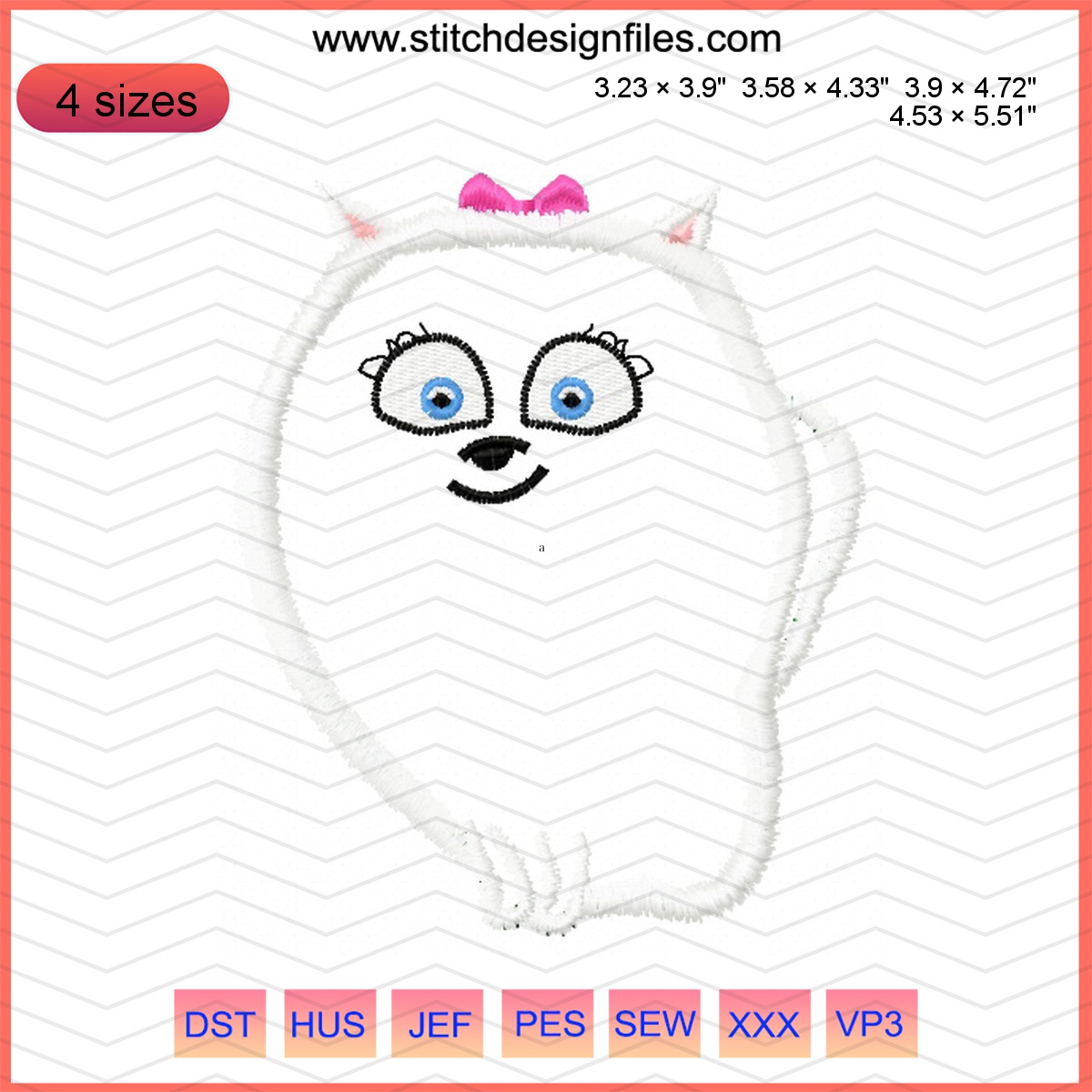 Gidget applique embroidery design featuring a cute Pomeranian.