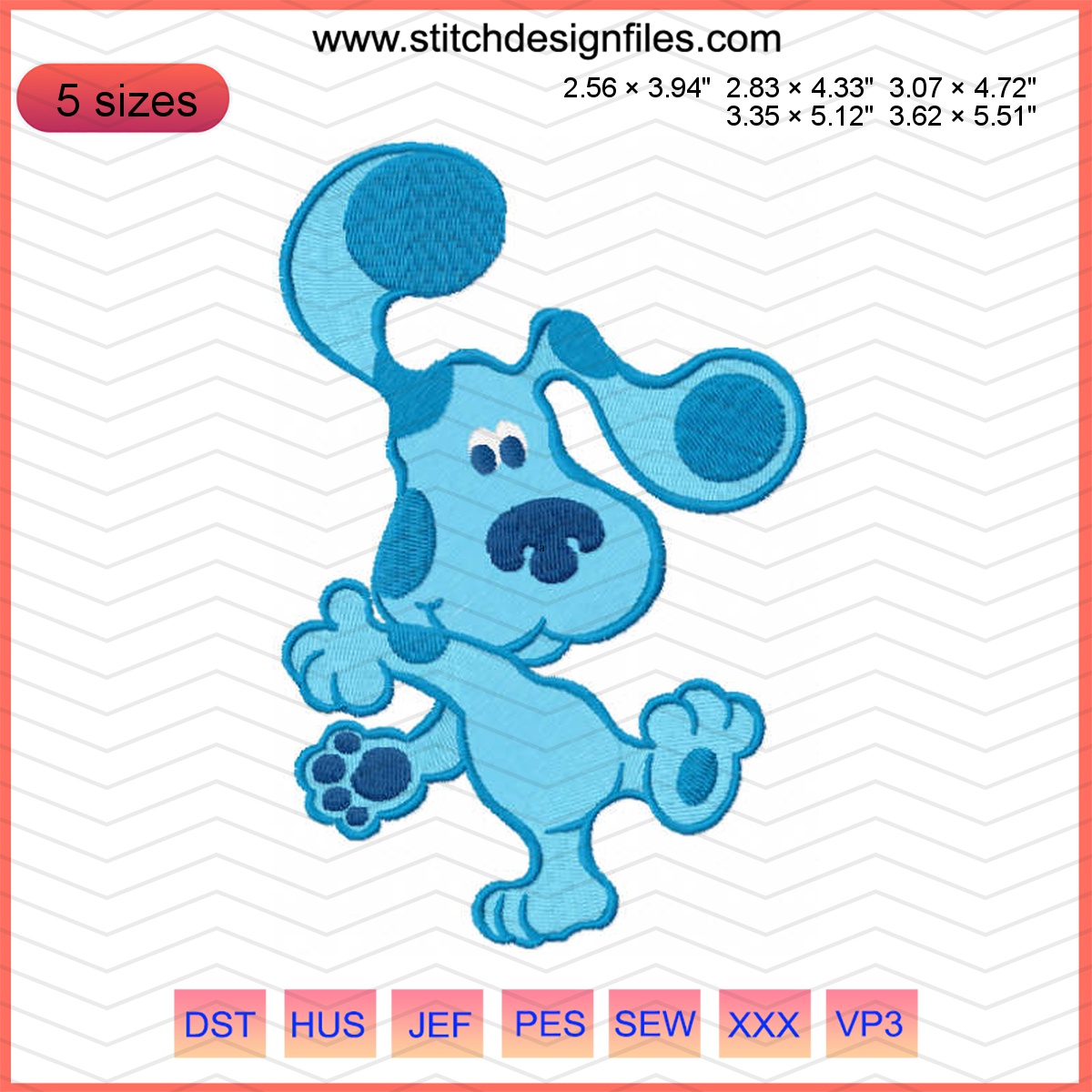 Blues Clues dancing embroidery design featuring a playful dog.