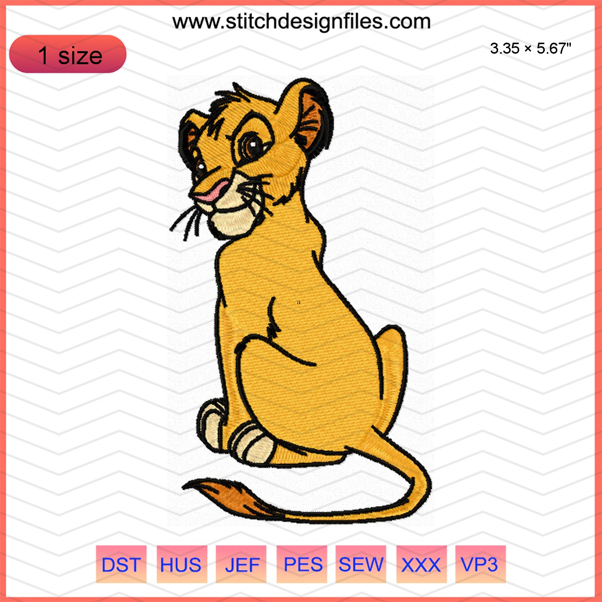 Simba 1 embroidery design from The Lion King, cartoon style.