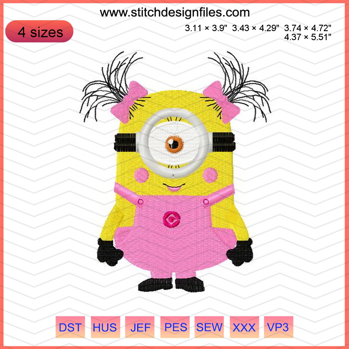 Cute Minion embroidery design for kids clothing and accessories.