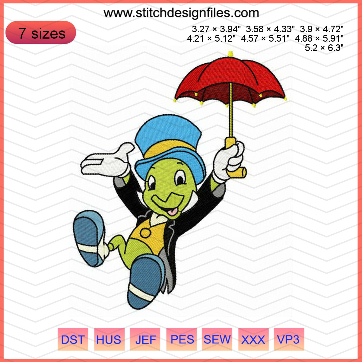 Jiminy Cricket embroidery design featuring Disney's beloved character.