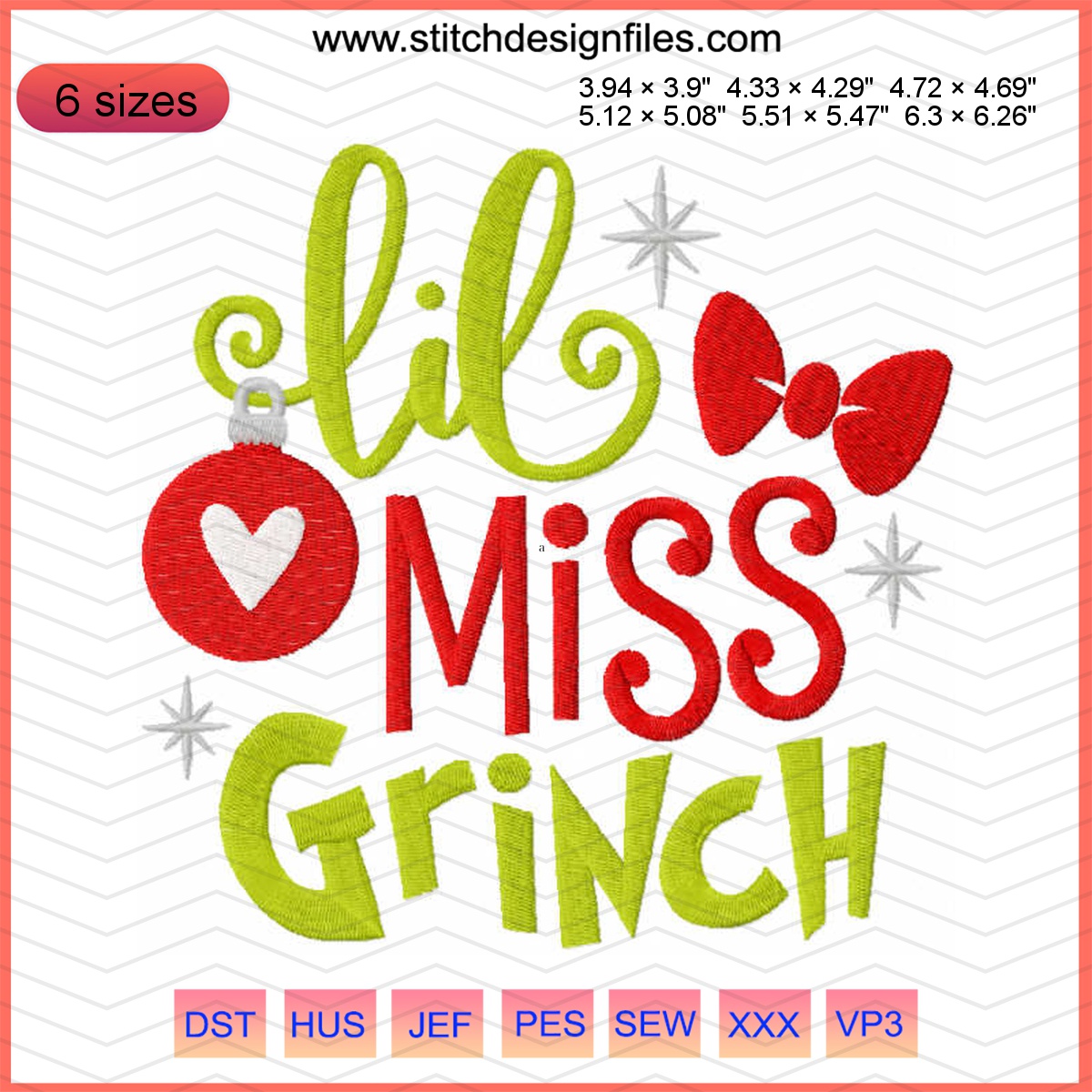 Lil Miss Grinch embroidery design for Christmas crafts