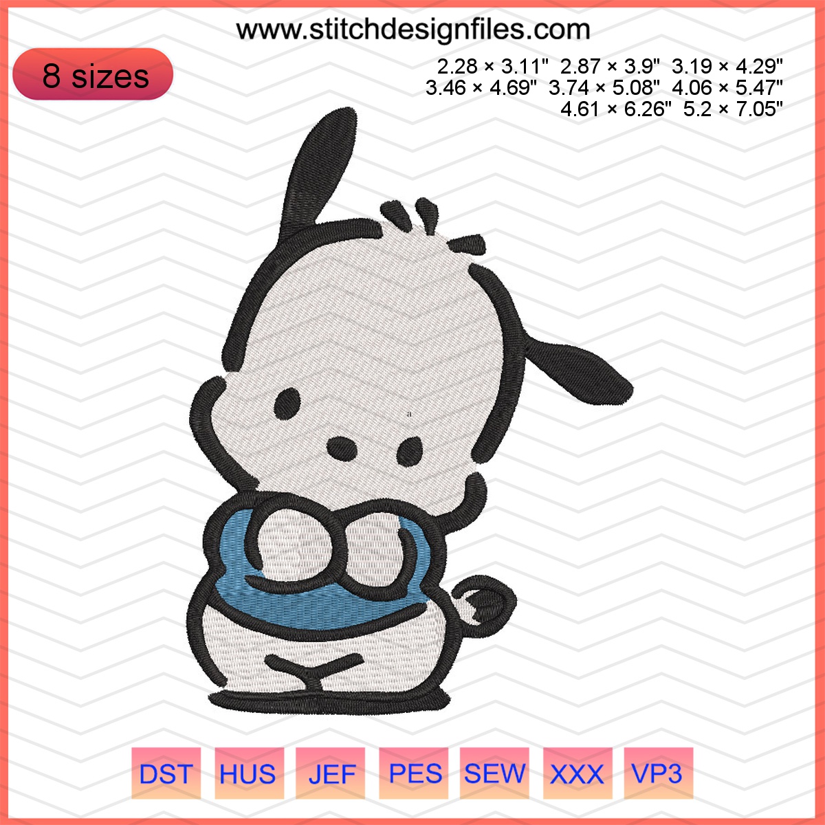 Pochacco cartoon dog embroidery design for kids clothing.