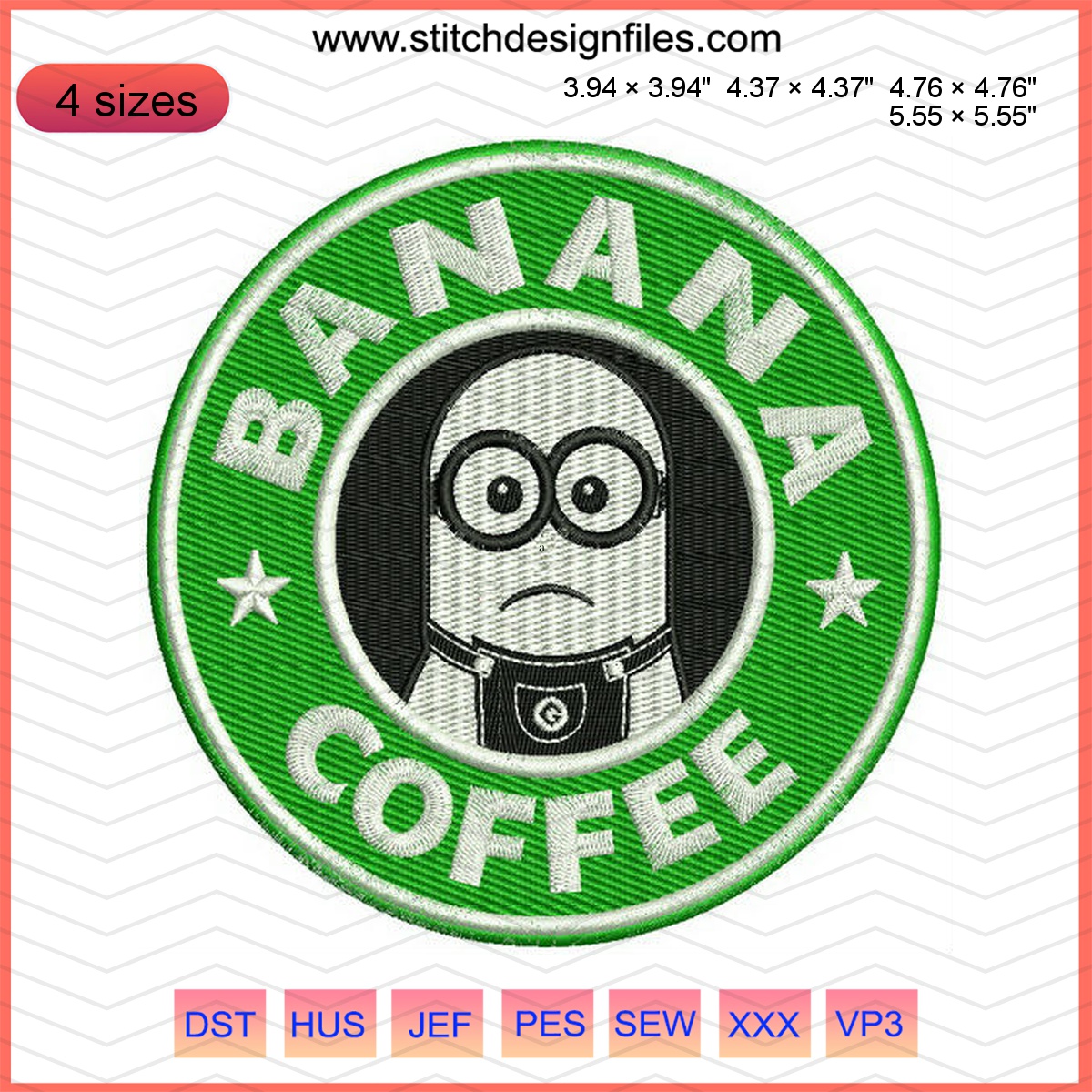 Playful banana coffee cartoon embroidery design inspired by Minions