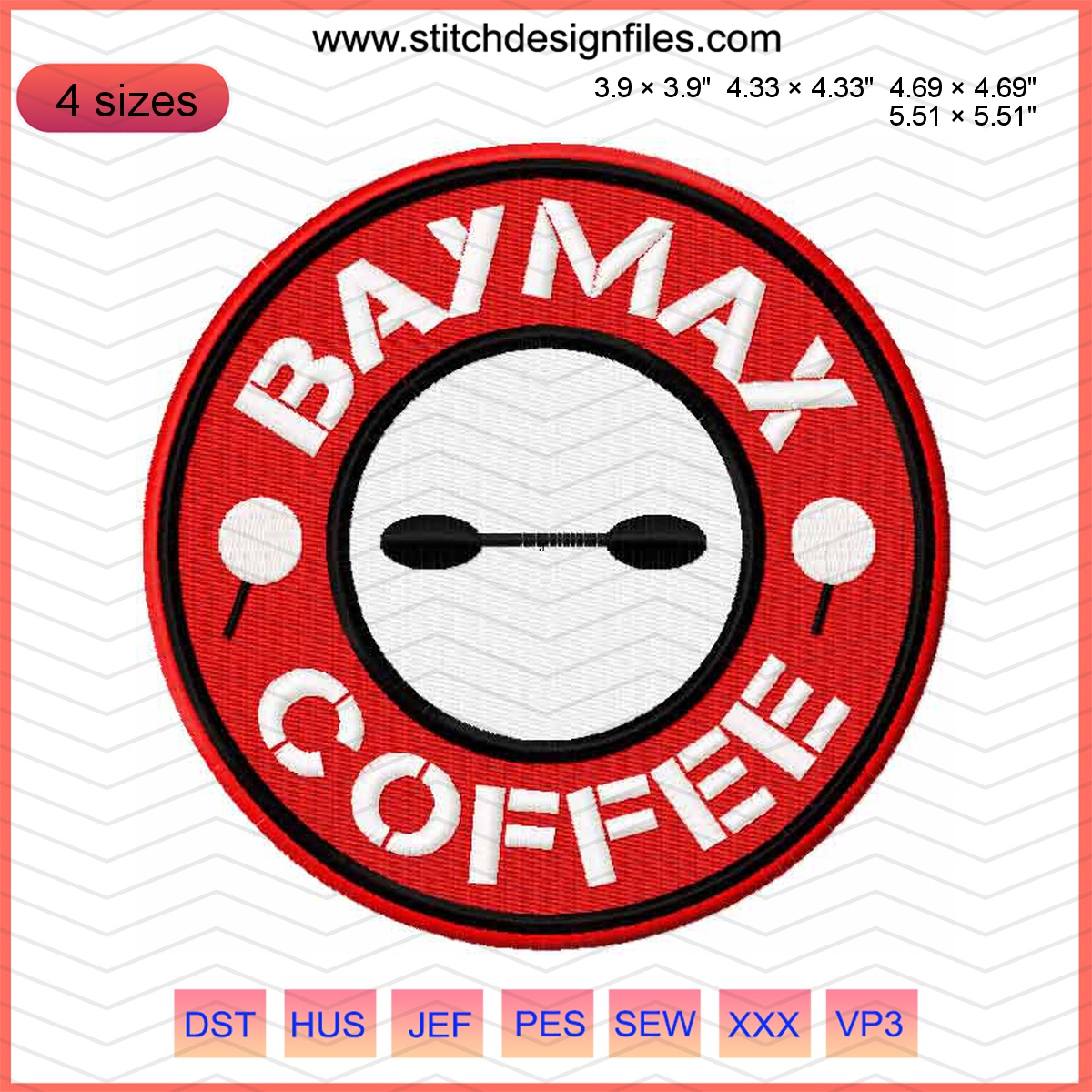 Baymax coffee embroidery design inspired by Disney's Big Hero 6.