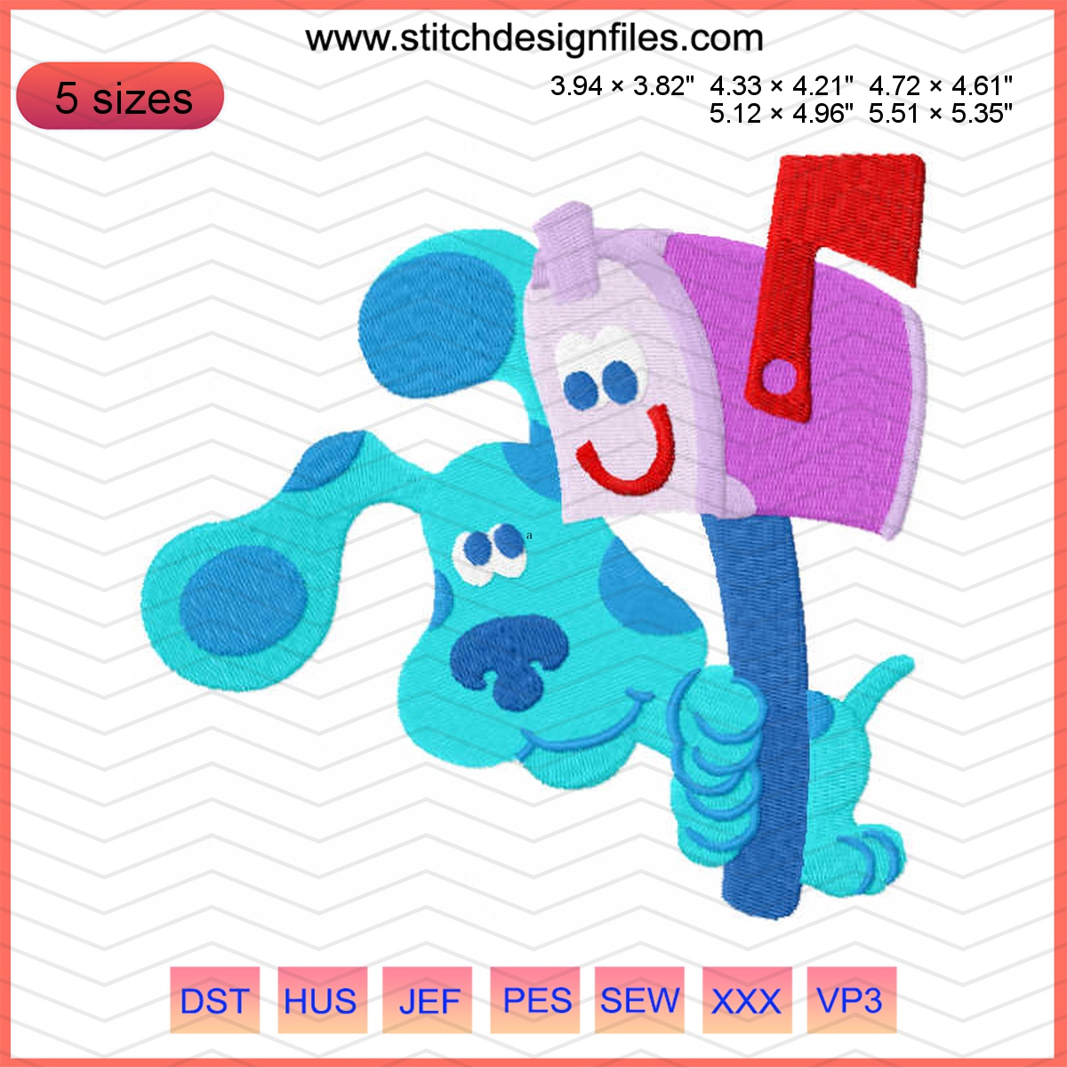 Blues Clues mailbox embroidery design featuring a playful dog and mailbox.