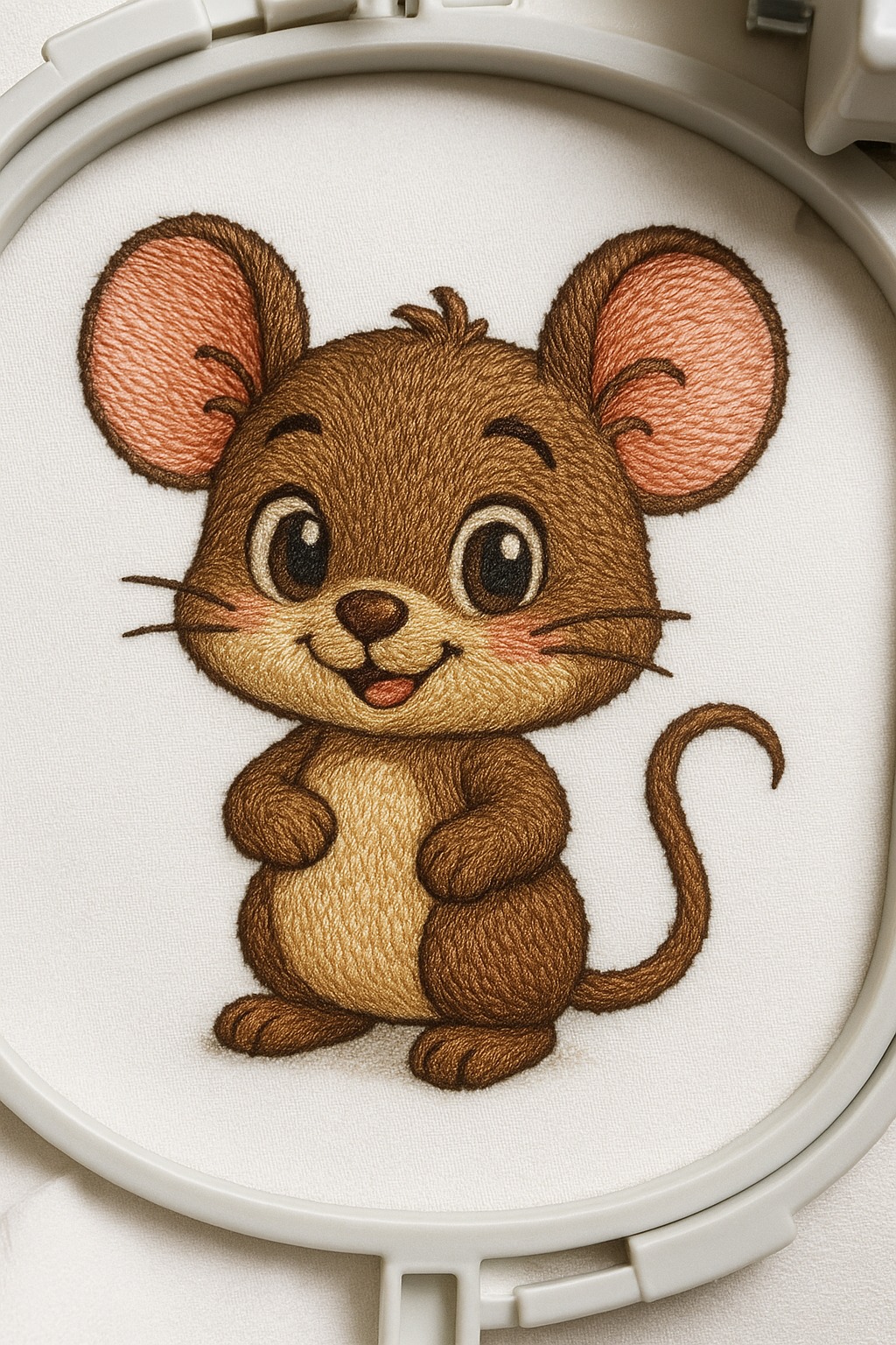 Cute mouse embroidery design with realistic thread texture in an embroidery hoop on white fabric
