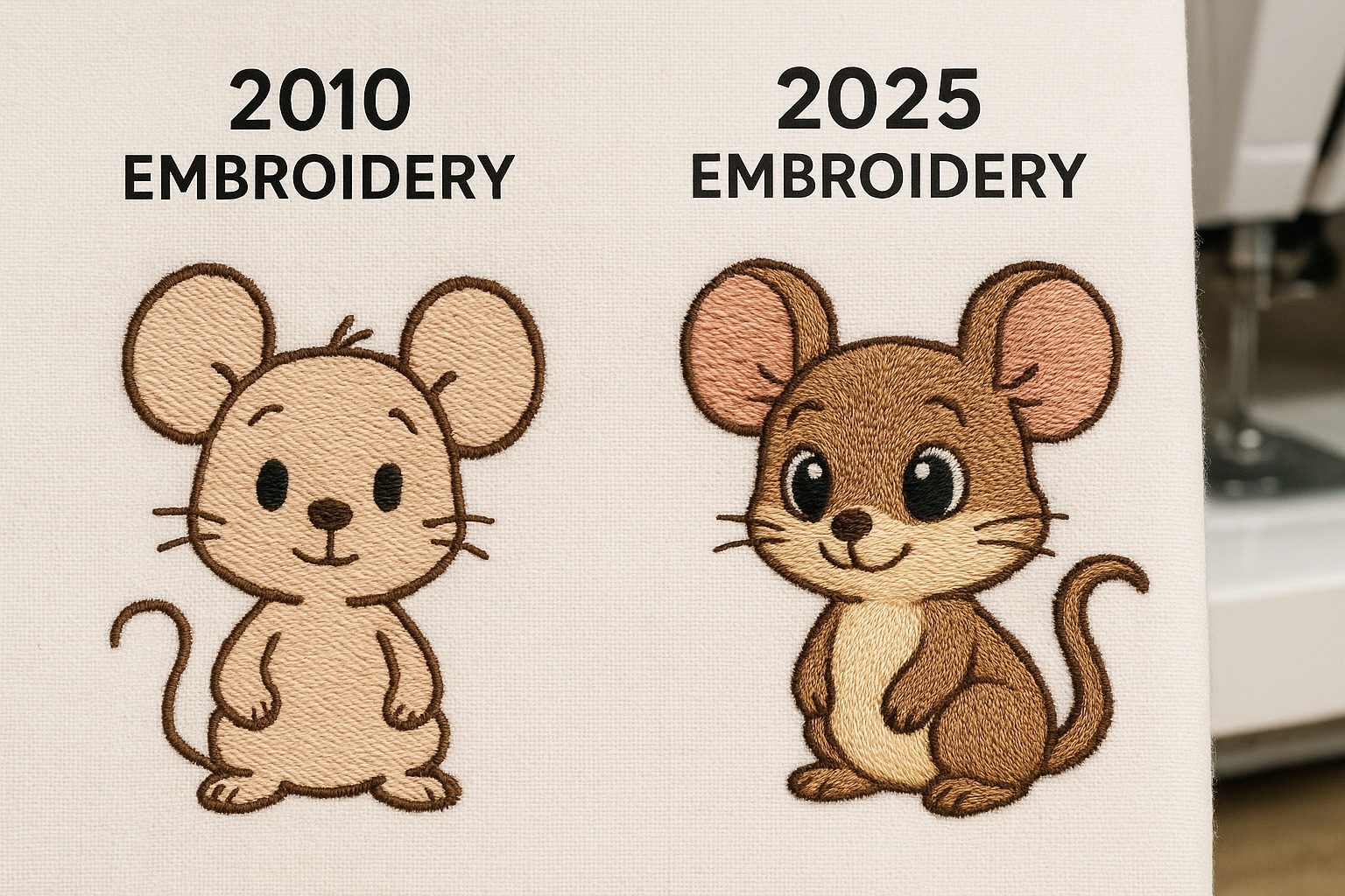 Side-by-side comparison of cute mouse embroidery designs from 2010 and 2025 showing improvements in stitch detail, texture, and color shading