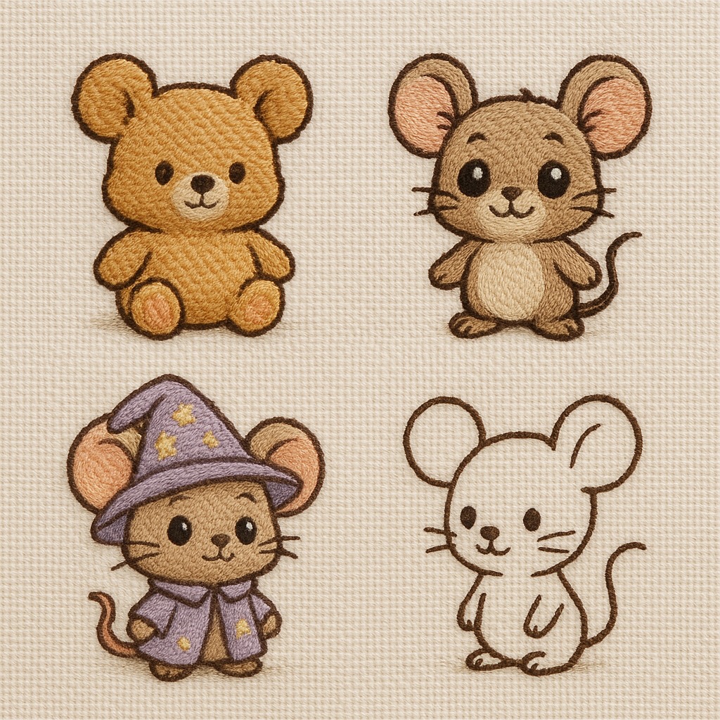 Four different embroidery character styles on canvas: plush bear, cute mouse mascot, wizard mouse, and minimal line-art mouse, showcasing stitch texture and design variety