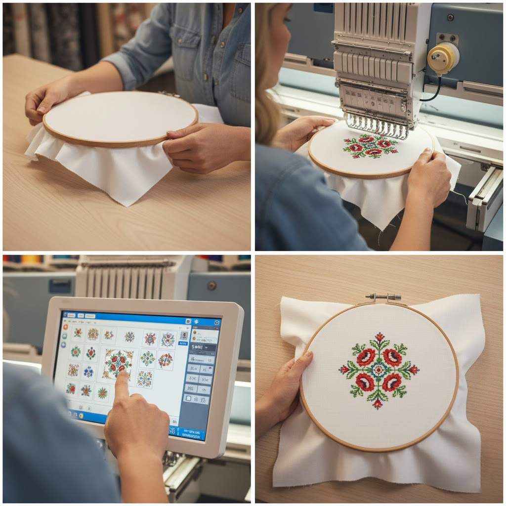 Learn Machine Embroidery: A Beginner's Guide to Your First Project 6 A collage showing the 4 steps of a first machine embroidery project: fabric being hooped with stabilizer, the hoop positioned in the machine, selecting a floral design, and the completed 2-inch flower on white cotton.