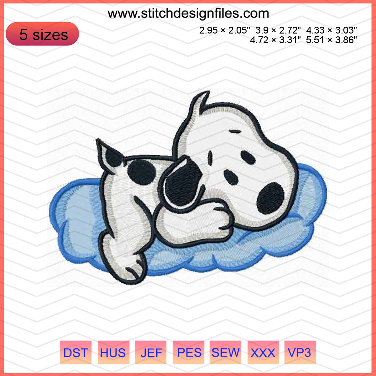 Snoopy character on a fluffy cloud embroidery design.