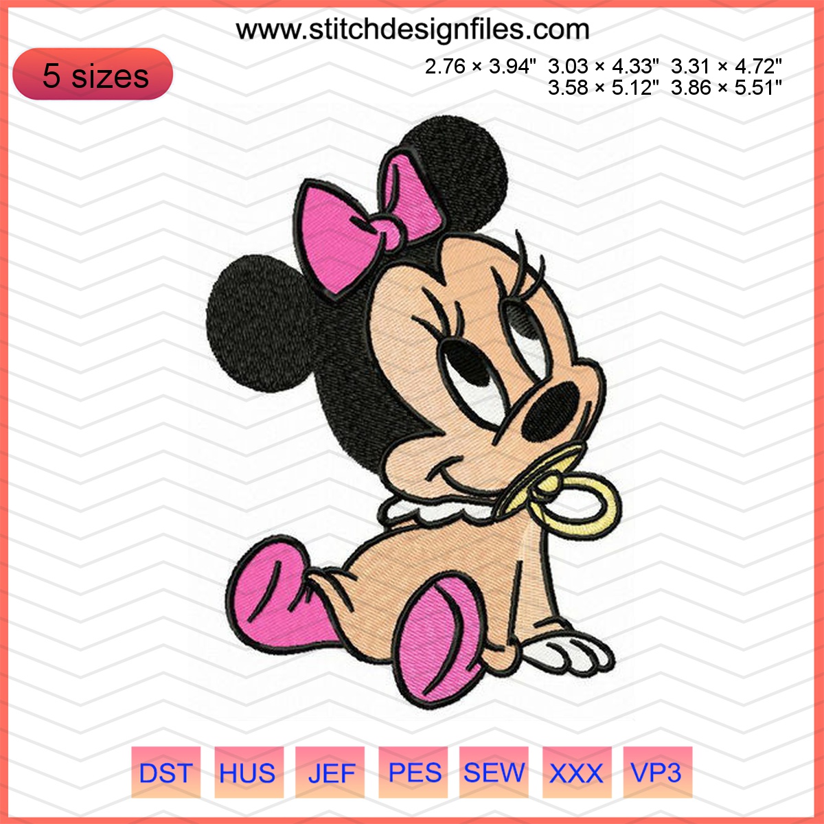Cute Minnie Mouse embroidery design in colors and details.