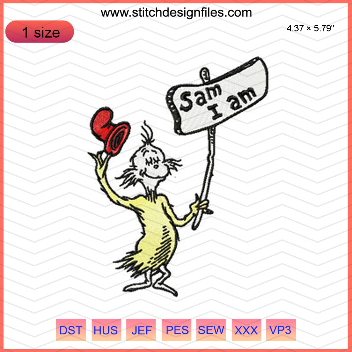 Dr. Seuss Sam 1 cartoon embroidery design featuring vibrant colors.