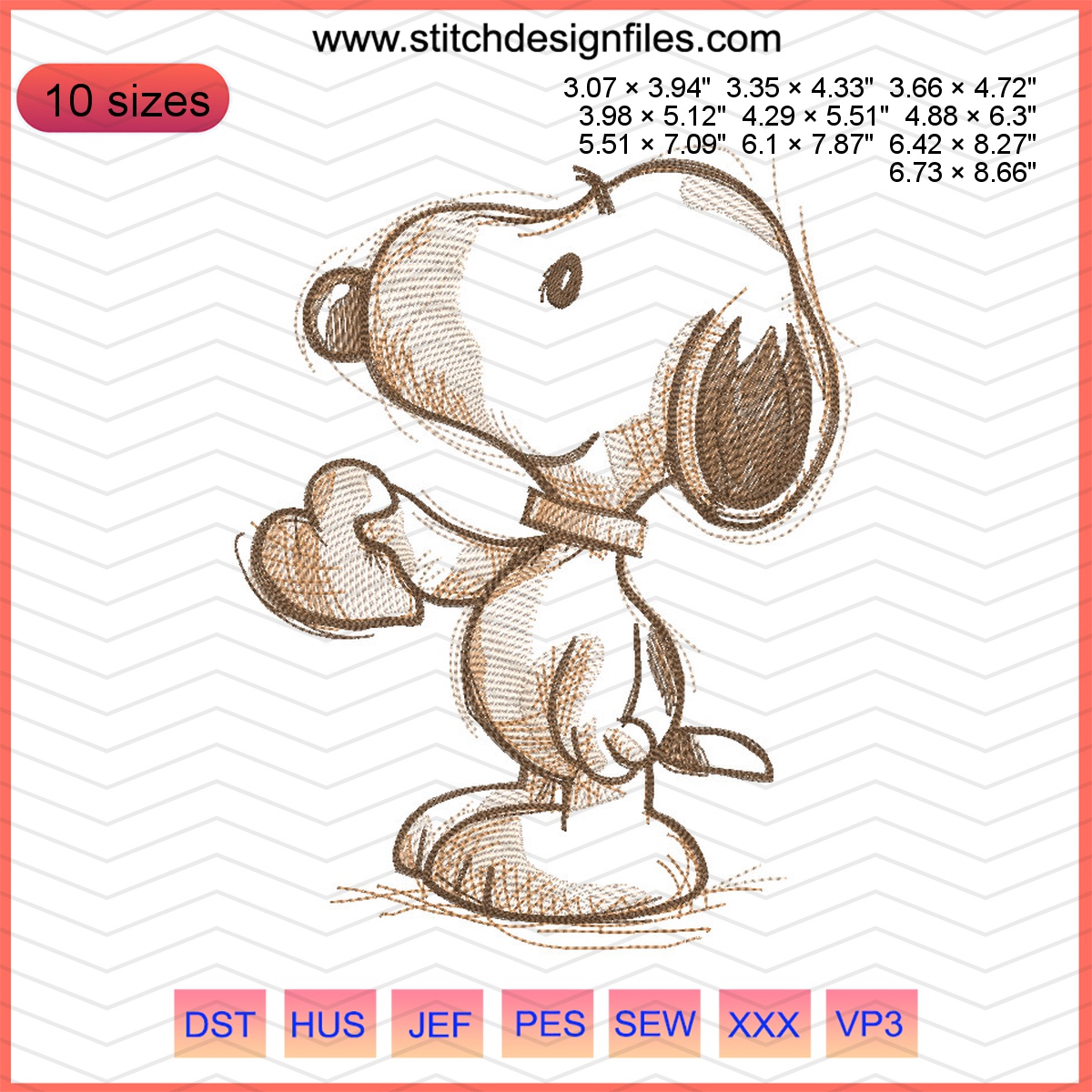 Snoopy Take My Heart embroidery design featuring a cute cartoon dog and heart.