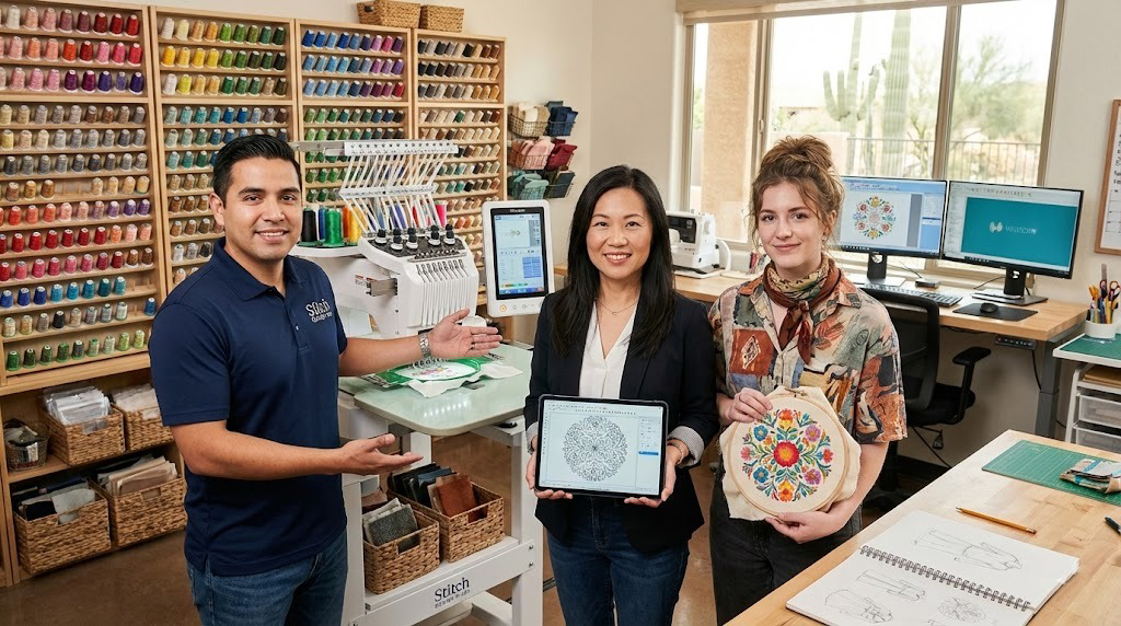 About Us 1 Professional photo of the Stitch Design Files team at their studio in Maricopa, AZ. From left: David Torres by a commercial multi-needle machine, founder Maria Chen holding a tablet with a digitizing pattern, and Rachel Morrison holding finished floral embroidery. Background shows large thread racks and design workstations