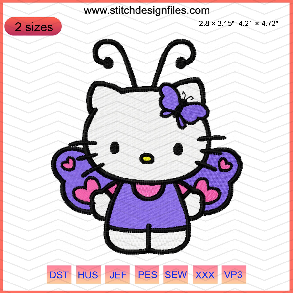 Cute Hello Kitty Butterfly embroidery design for machine sewing.