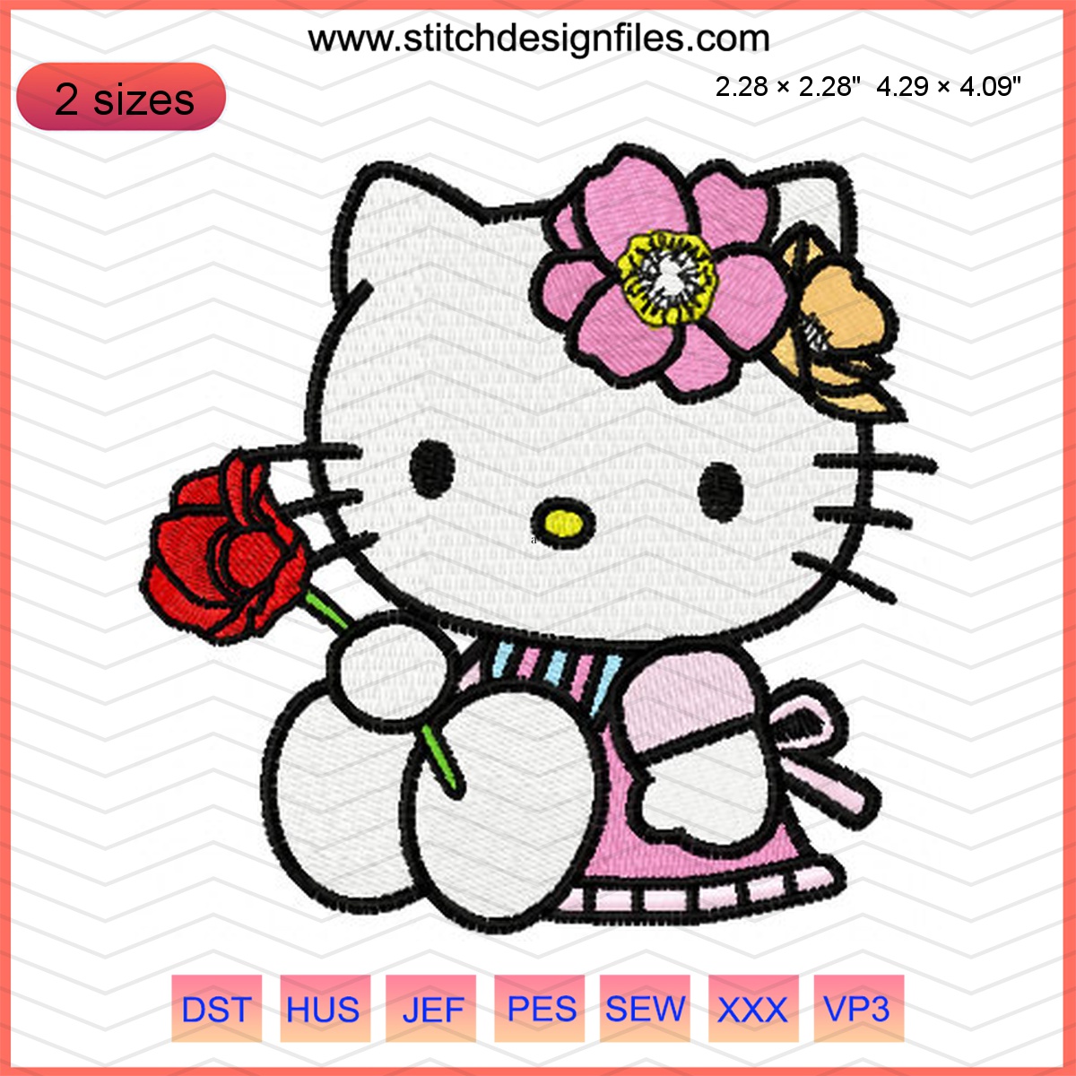 Hello Kitty with a rose embroidery design, cute cartoon character.