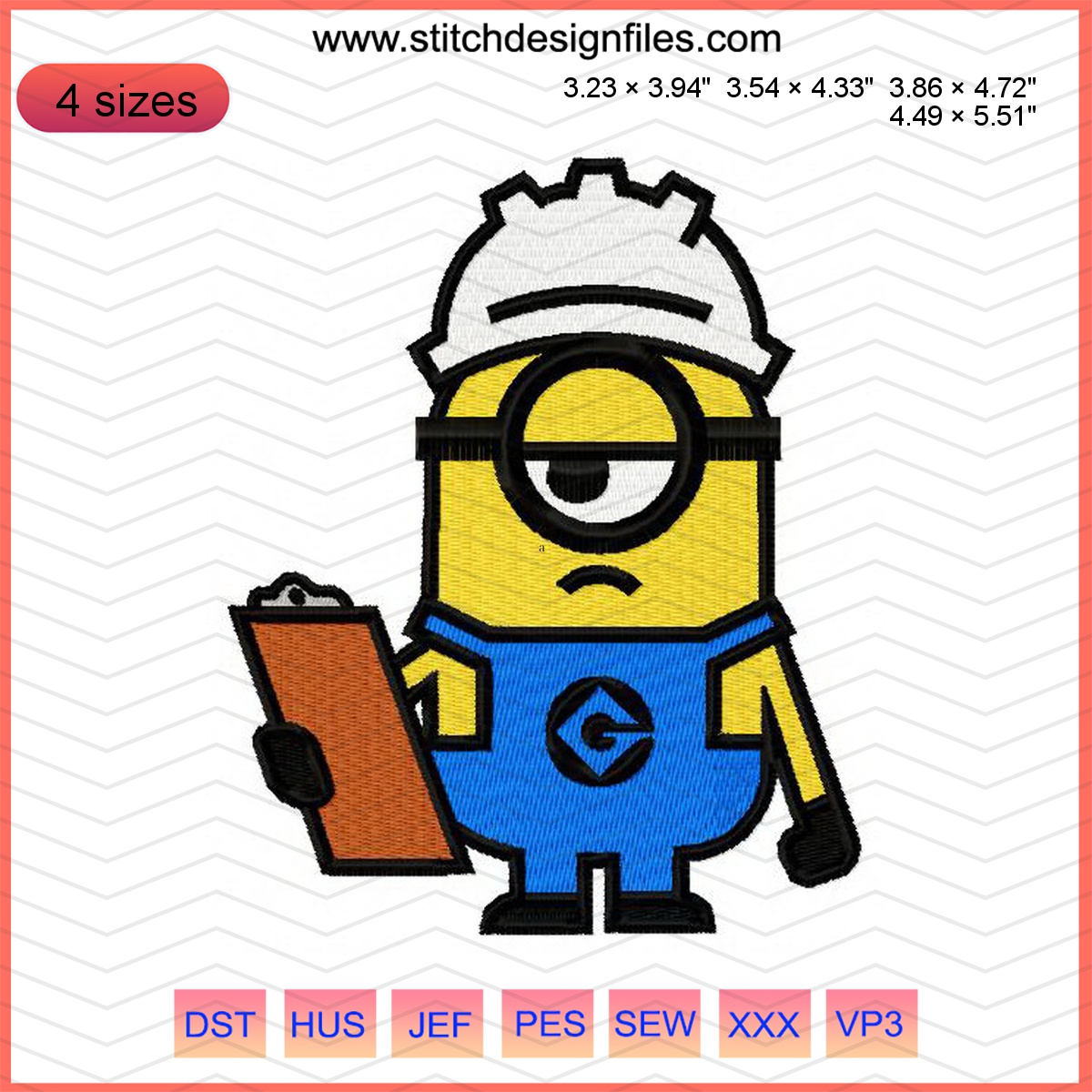Minion Builder embroidery design featuring goggles and playful expression.