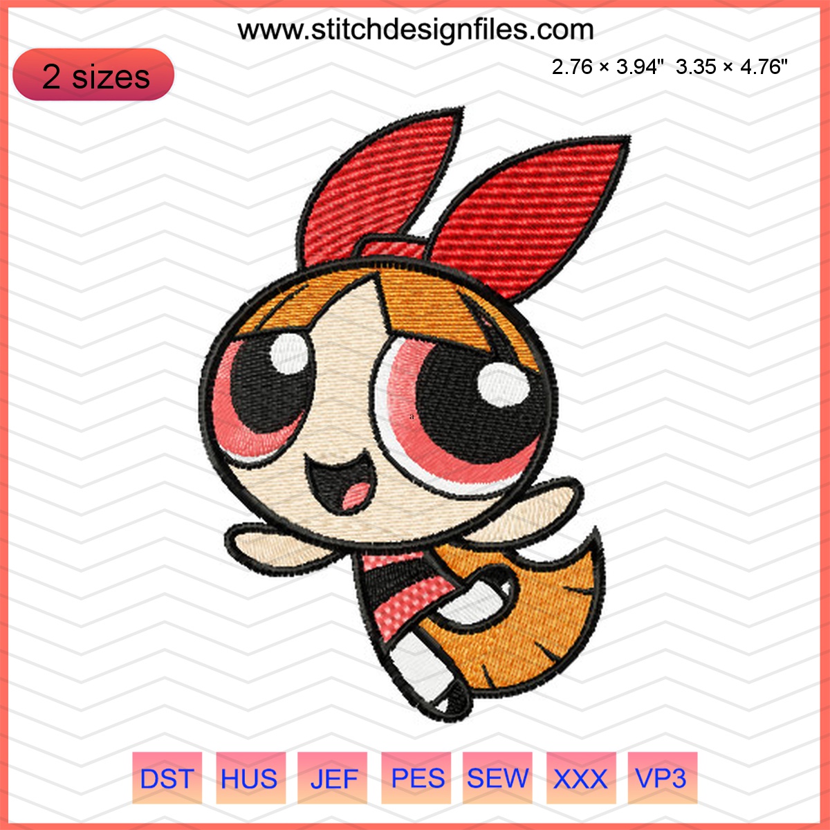 Blossom Embroidery Design for Enthusiasts 3 Blossom embroidery design from the Powerpuff Girls, colorful and vibrant.