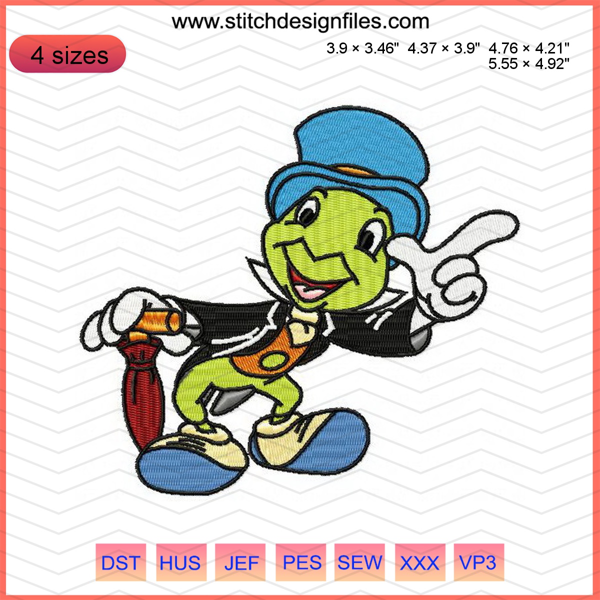 Jiminy Cricket 2 Embroidery Design 3 Whimsical Jiminy Cricket 2 embroidery design with hat and umbrella.