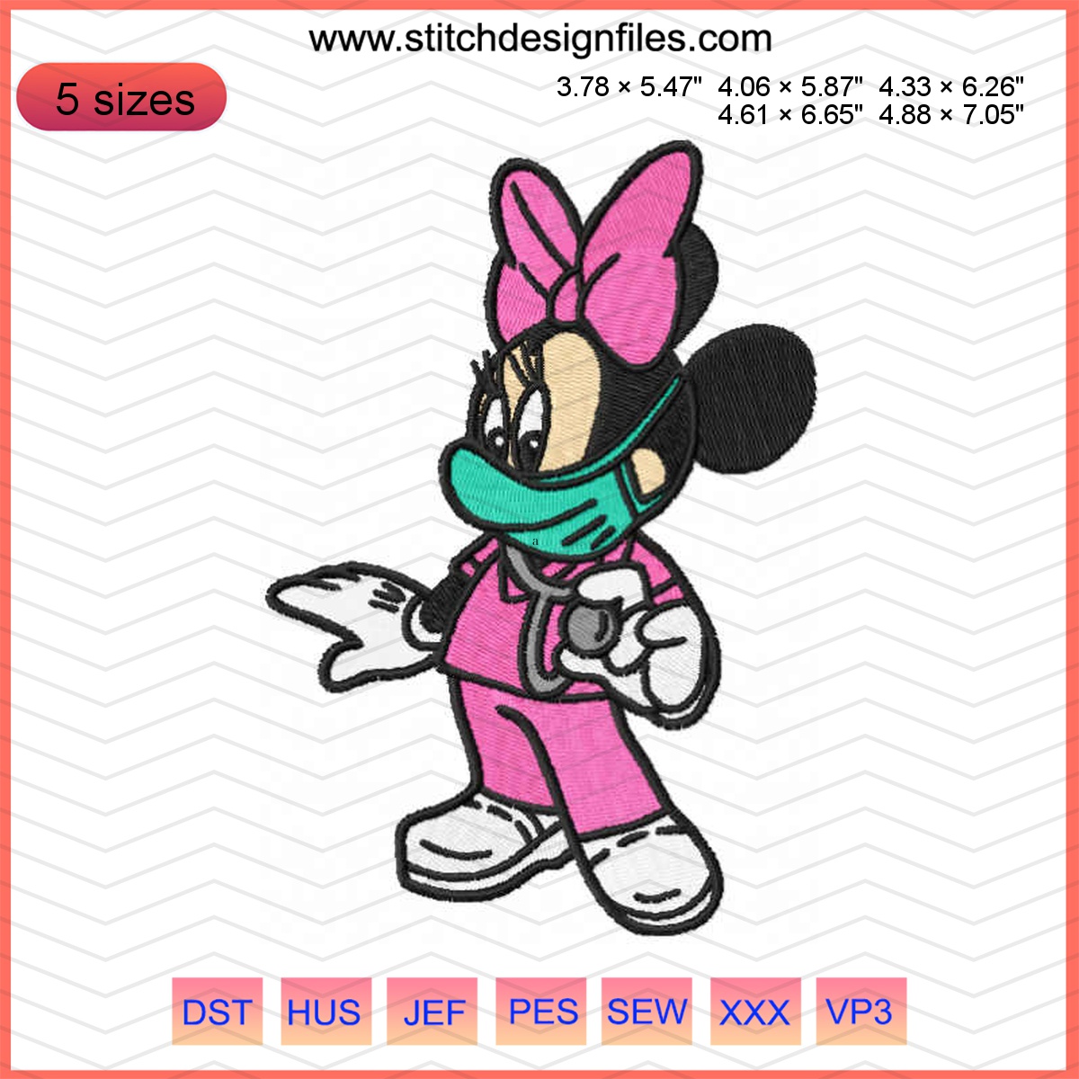 Minnie Mouse nurse embroidery design featuring a stethoscope and medical mask.