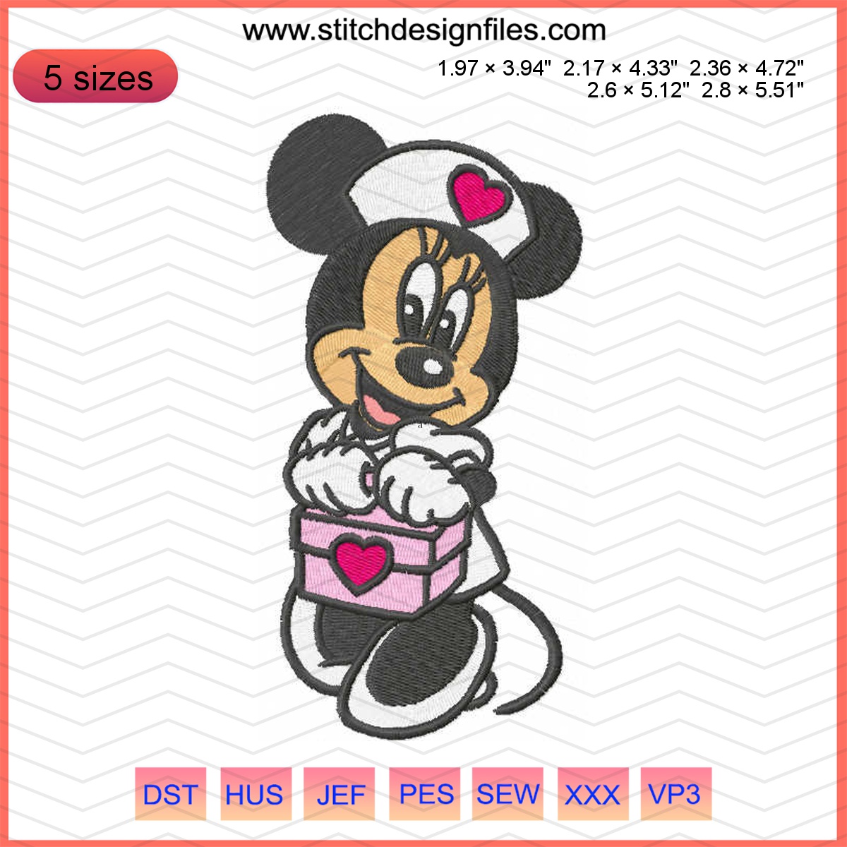 Minnie nurse embroidery design featuring Minnie Mouse in scrubs on fabric.