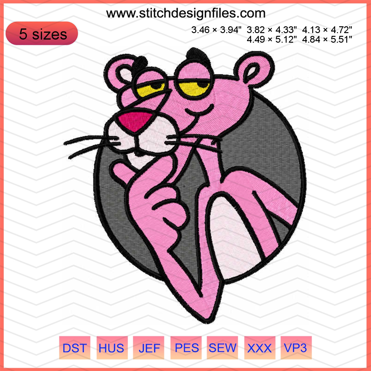 Embroidery design of Pink Panther thinking, cartoon character