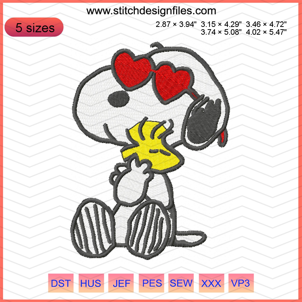 Snoopy and Woodstock hugging in a cute embroidery design.