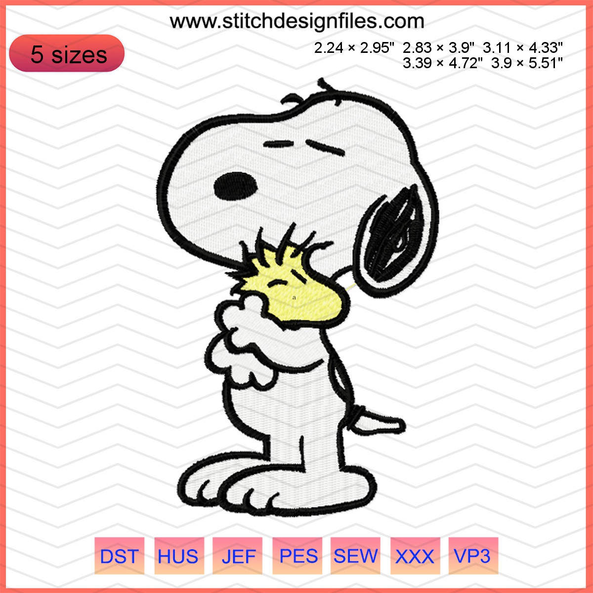 Snoopy with small friend embroidery design featuring a dog and a bird.