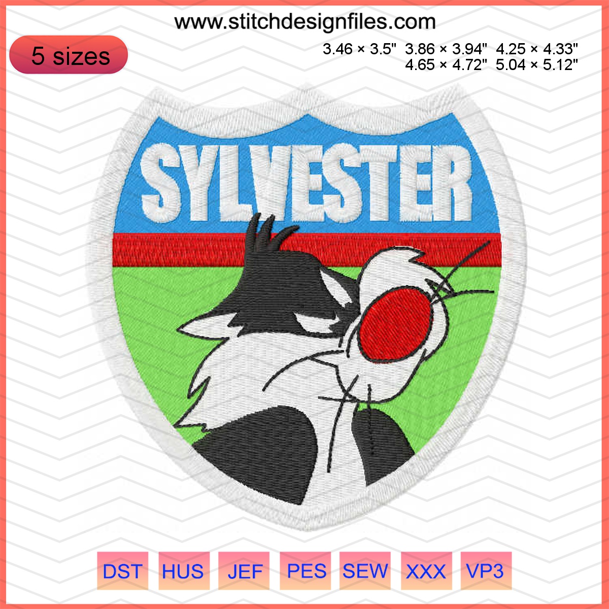 Sylvester badge embroidery design featuring the iconic Looney Tunes cat.