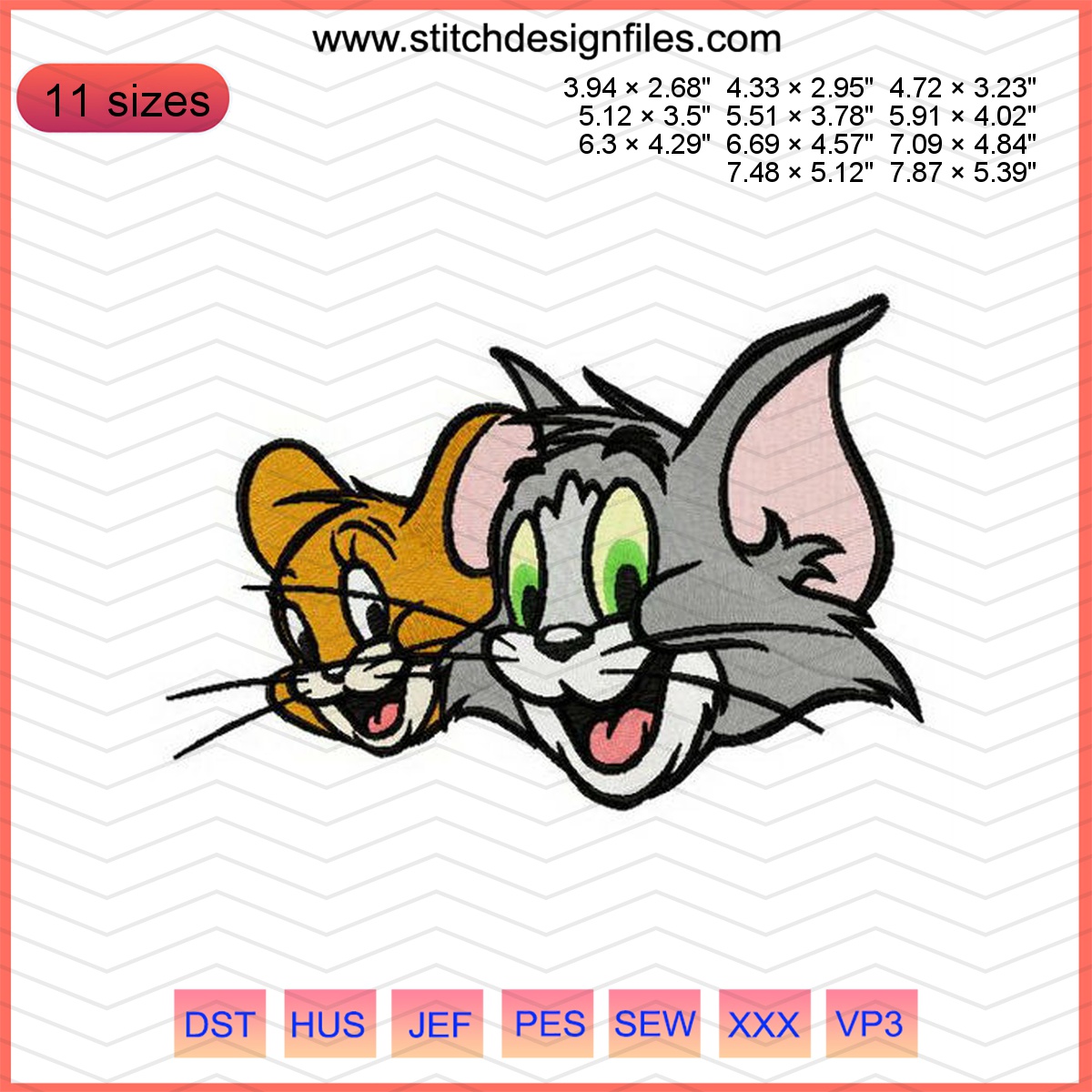 Tom and Jerry heads cartoon embroidery design in various sizes.