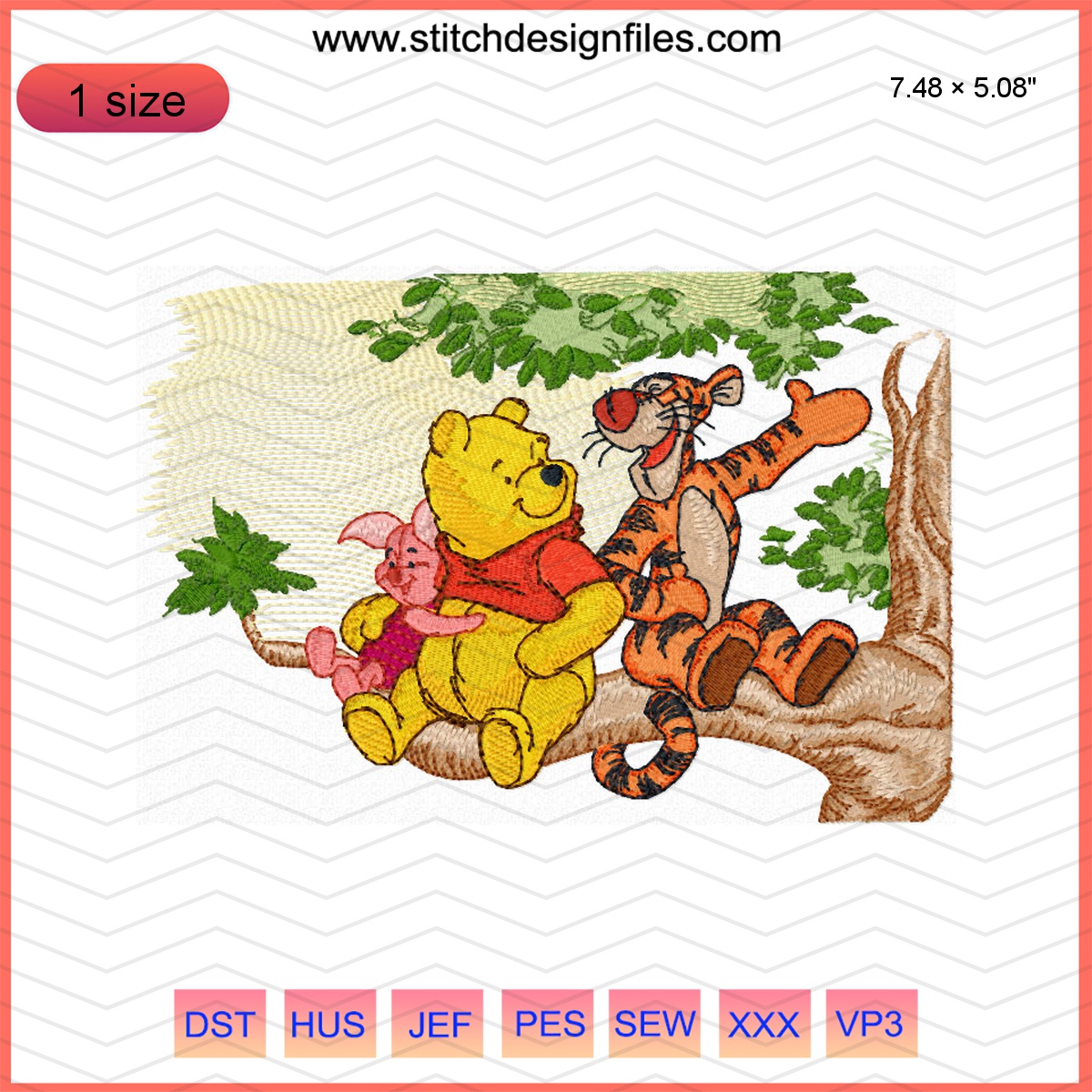 Winnie Pooh and Tigger talking embroidery design with characters on tree branch