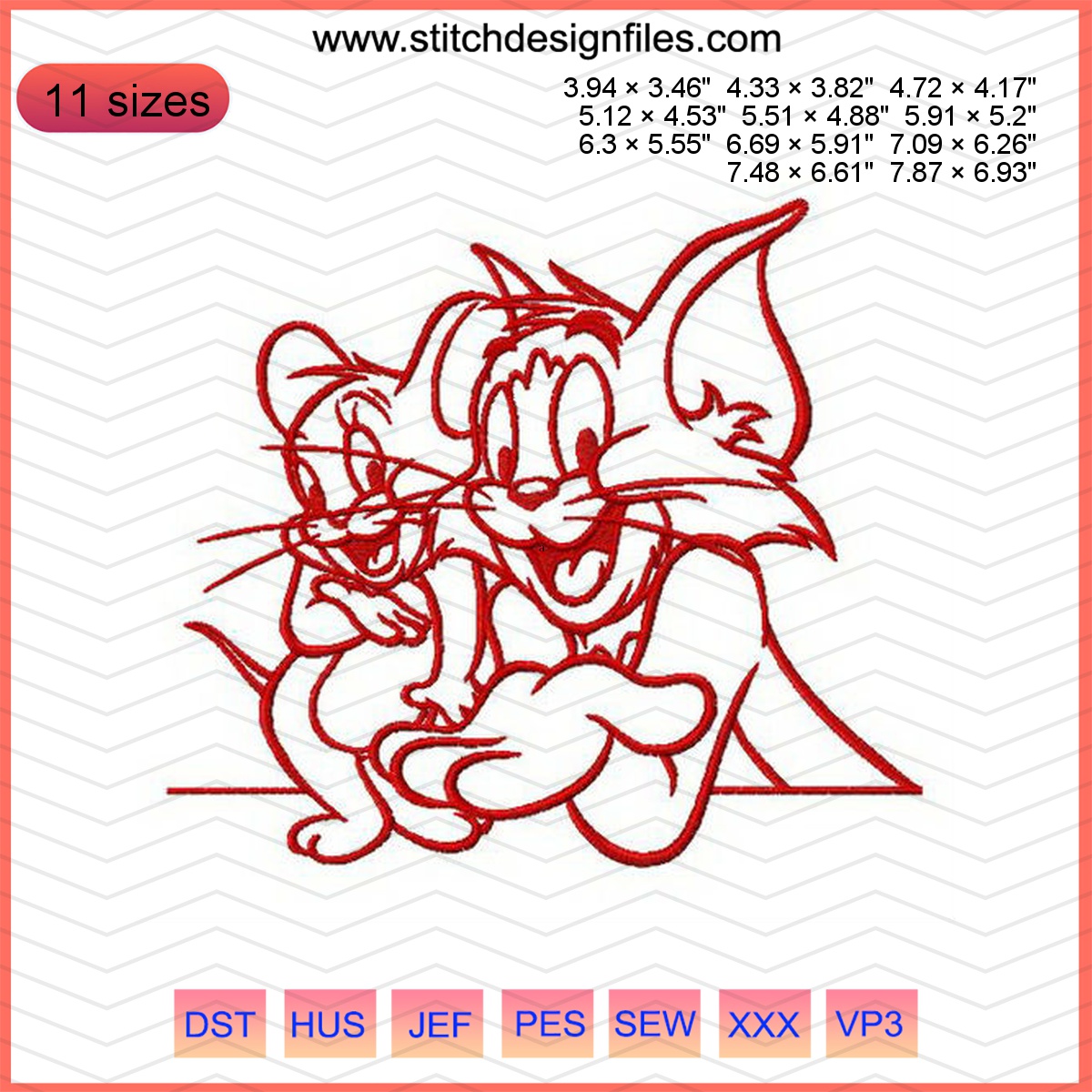 Tom and Jerry embroidery design showcasing best friends in playful antics