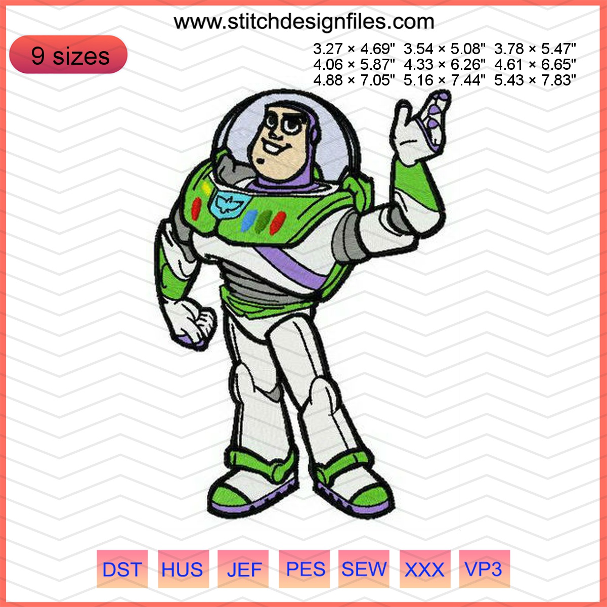 Buzz Lightyear waving hand embroidery design for kidswear