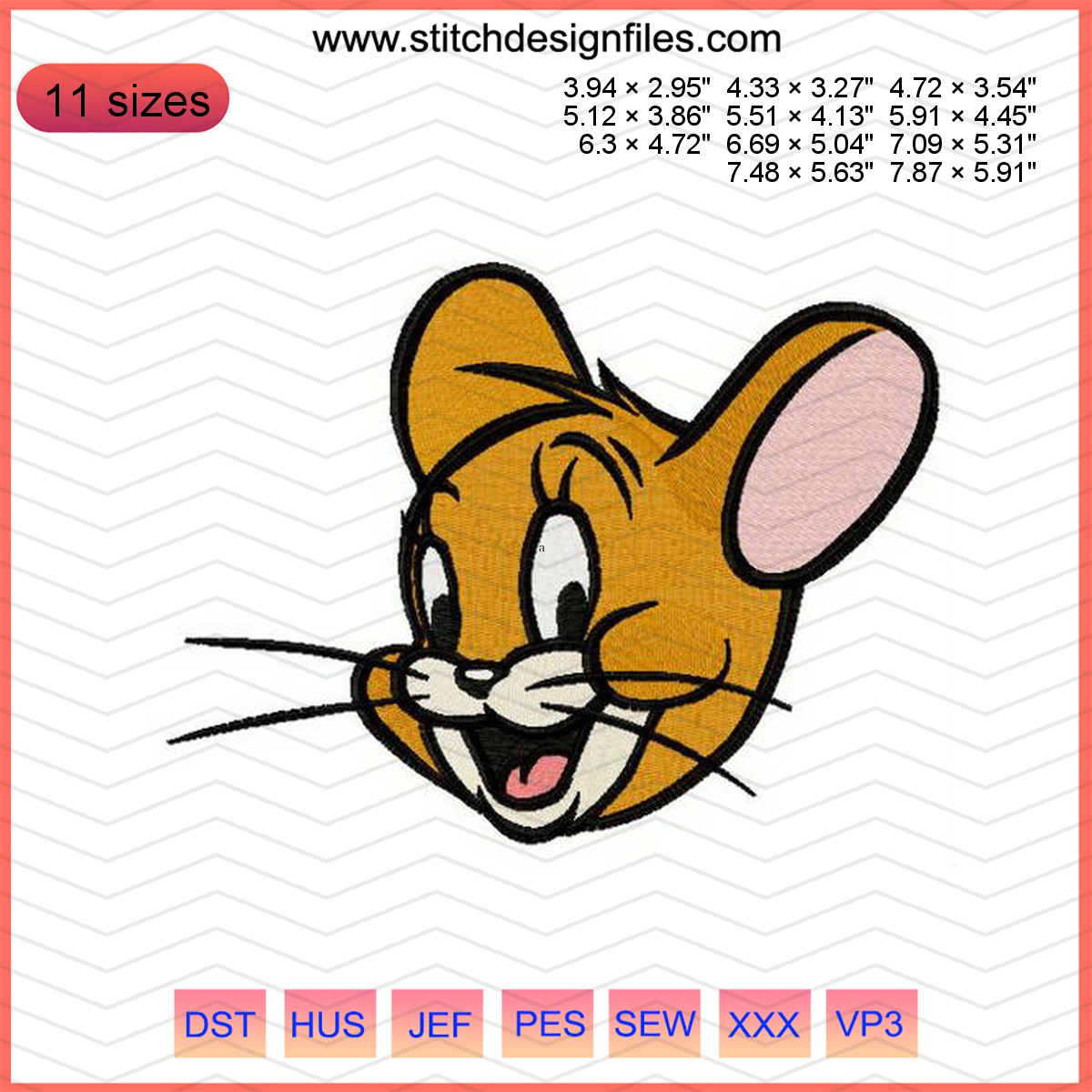 Jerry muzzle embroidery design showcasing a joyful character.