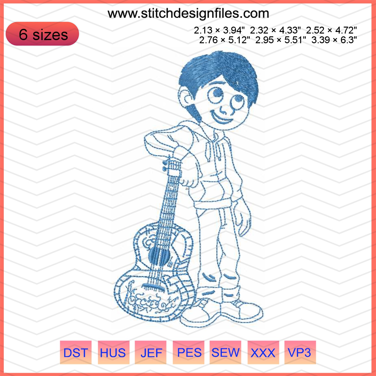 Miguel with guitar embroidery design showcasing vibrant colors and music theme.