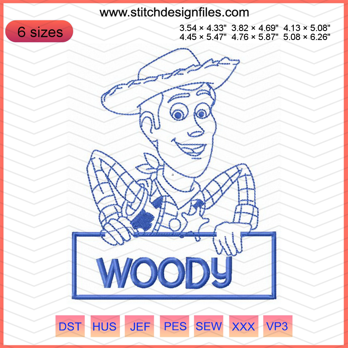 Woody holding a sign embroidery design inspired by Pixar