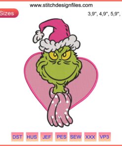 Grinch with Pink Heart Embroidery Design | Dr. Seuss Christmas Machine File | Festive Holiday Stitch Pattern
