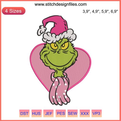Grinch with Pink Heart Embroidery Design | Dr. Seuss Christmas Machine File | Festive Holiday Stitch Pattern