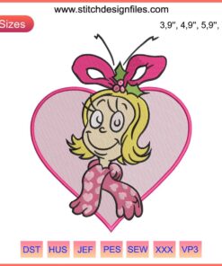 Cindy Lou Pink Heart Cute Embroidery Design | Christmas Machine Embroidery Pattern with Heart Motif