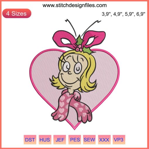 Cindy Lou Pink Heart Cute Embroidery Design | Christmas Machine Embroidery Pattern with Heart Motif