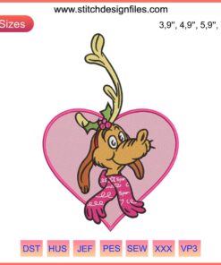 Adorable Max Dog pink heart embroidery design for Christmas, machine-file-ready, perfect for festive pet projects.