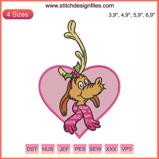 Adorable Max Dog pink heart embroidery design for Christmas, machine-file-ready, perfect for festive pet projects.