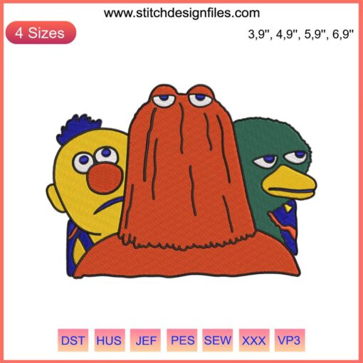 Don't Hug Me I'm Scared Embroidery: Vibrant machine design featuring Duck, Red Guy, Yellow Guy from popular series.
