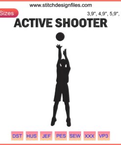 Basketball Embroidery Design: Active Shooter silhouette, hoop, flames; ideal for sports enthusiasts; machine embroidery pattern.