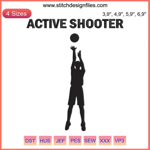 Basketball Embroidery Design: Active Shooter silhouette, hoop, flames; ideal for sports enthusiasts; machine embroidery pattern.