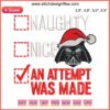 Darth Vader Star Wars Christmas Embroidery featuring Naughty or Nice Holiday Checklist, festive design for holiday spirit.