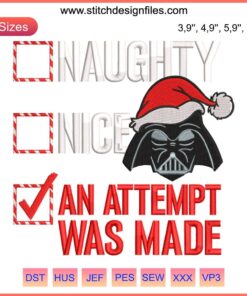 Darth Vader Star Wars Christmas Embroidery featuring Naughty or Nice Holiday Checklist, festive design for holiday spirit.