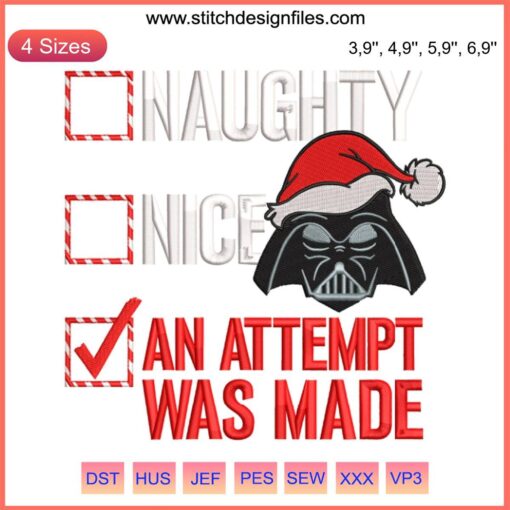 Darth Vader Star Wars Christmas Embroidery featuring Naughty or Nice Holiday Checklist, festive design for holiday spirit.